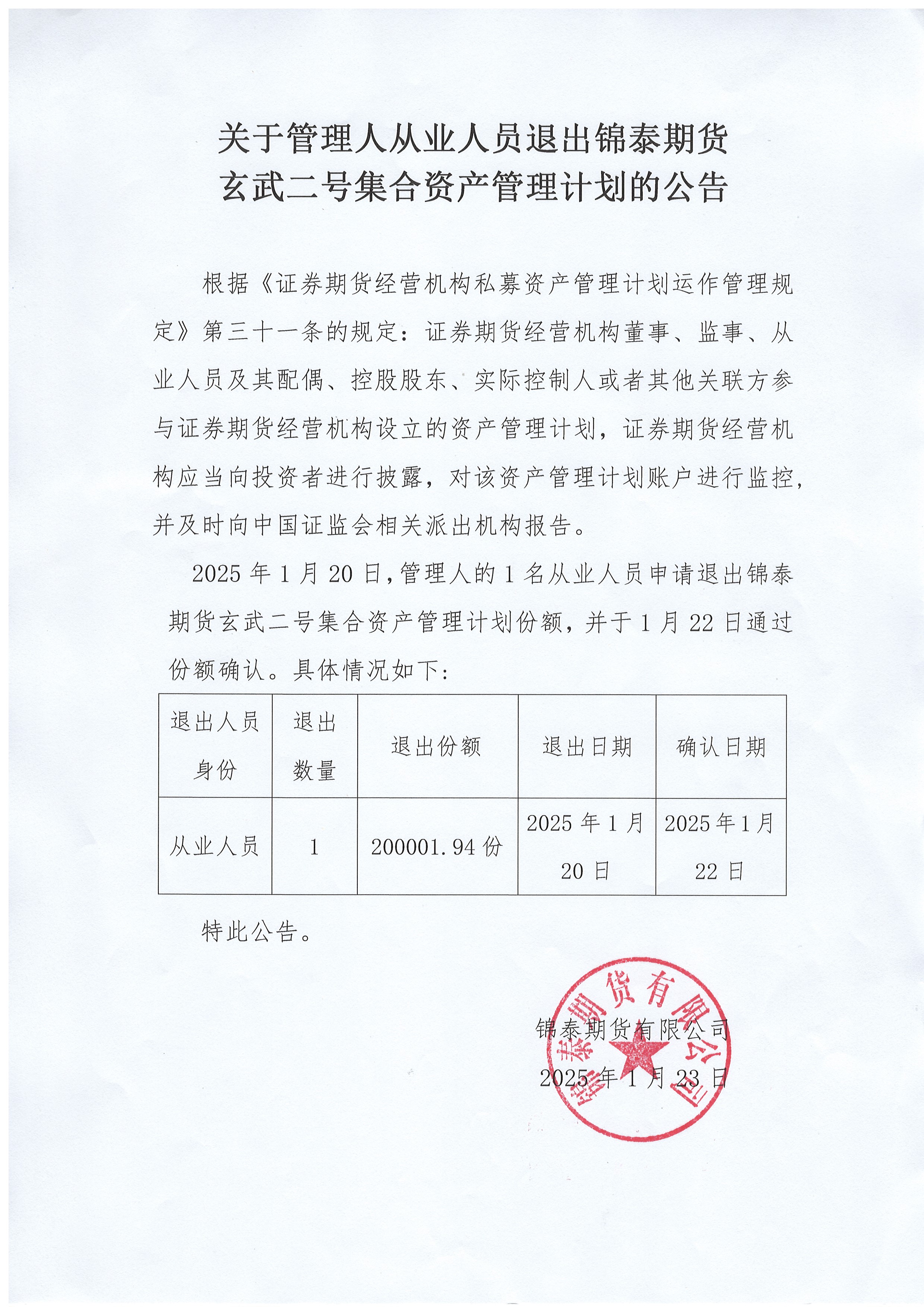 20250122：關(guān)于管理人從業(yè)人員退出錦泰期貨玄武二號集合資產(chǎn)管理計劃的公告.jpg